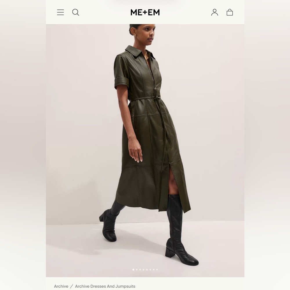 ME+EM Leather Intense Olive Midi Dress w/ Belt-Zip Front Short Sleeve US 8 - Picture 2 of 11
